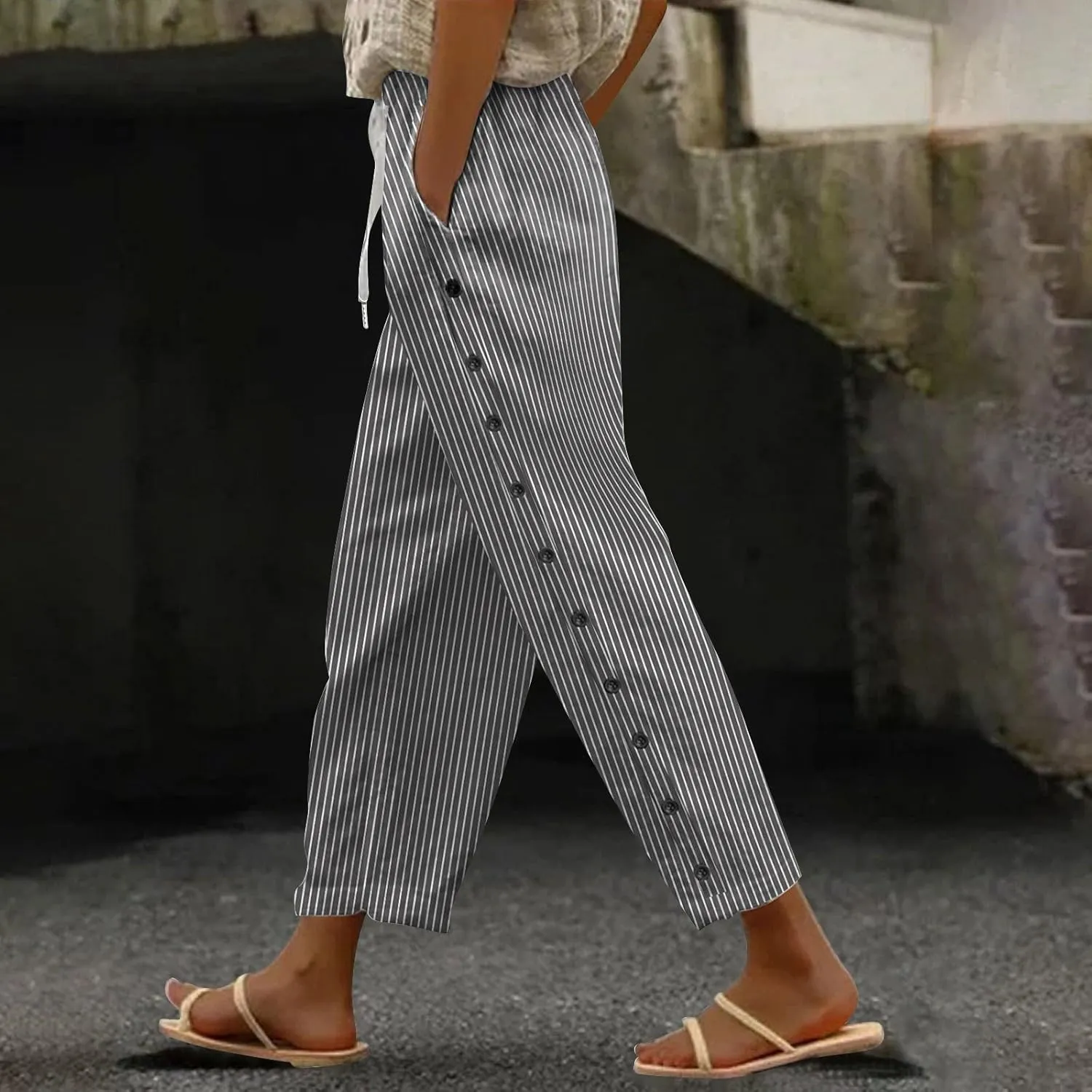 Women Casual Striped Linen Pants Trendy Wide Leg Side Button Trouser Office Work Relaxed Business Dressy Casual Pant
