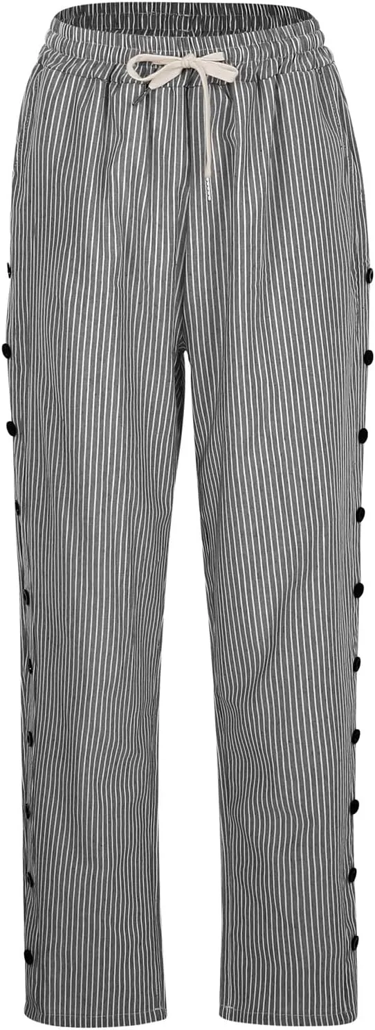 Women Casual Striped Linen Pants Trendy Wide Leg Side Button Trouser Office Work Relaxed Business Dressy Casual Pant