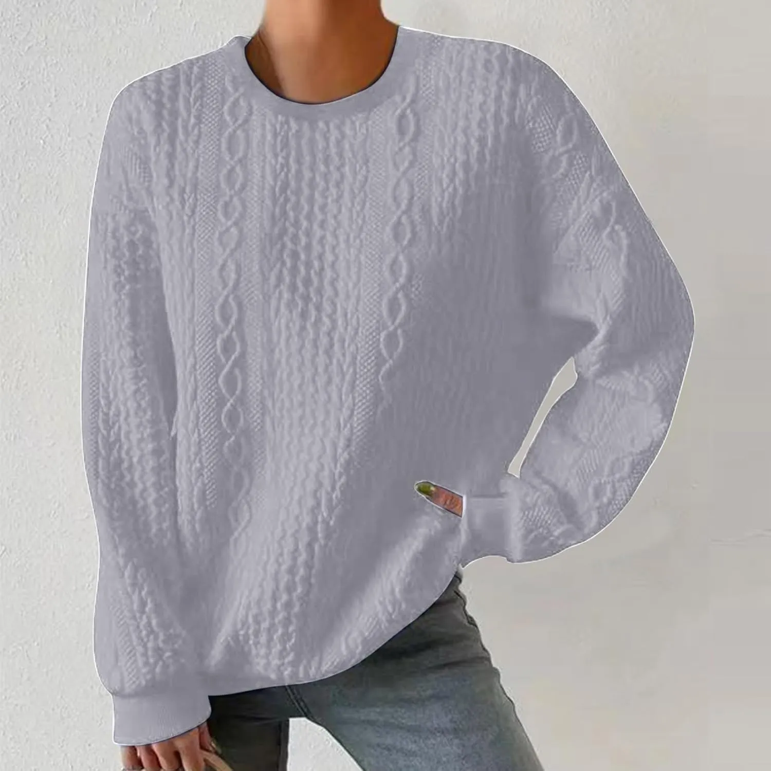 Women Crew Neck Cable Knitted Sweaters Stretchable Elasticity Comfy Cozy Loose Long Sleeve Sweater Jumper Pullover
