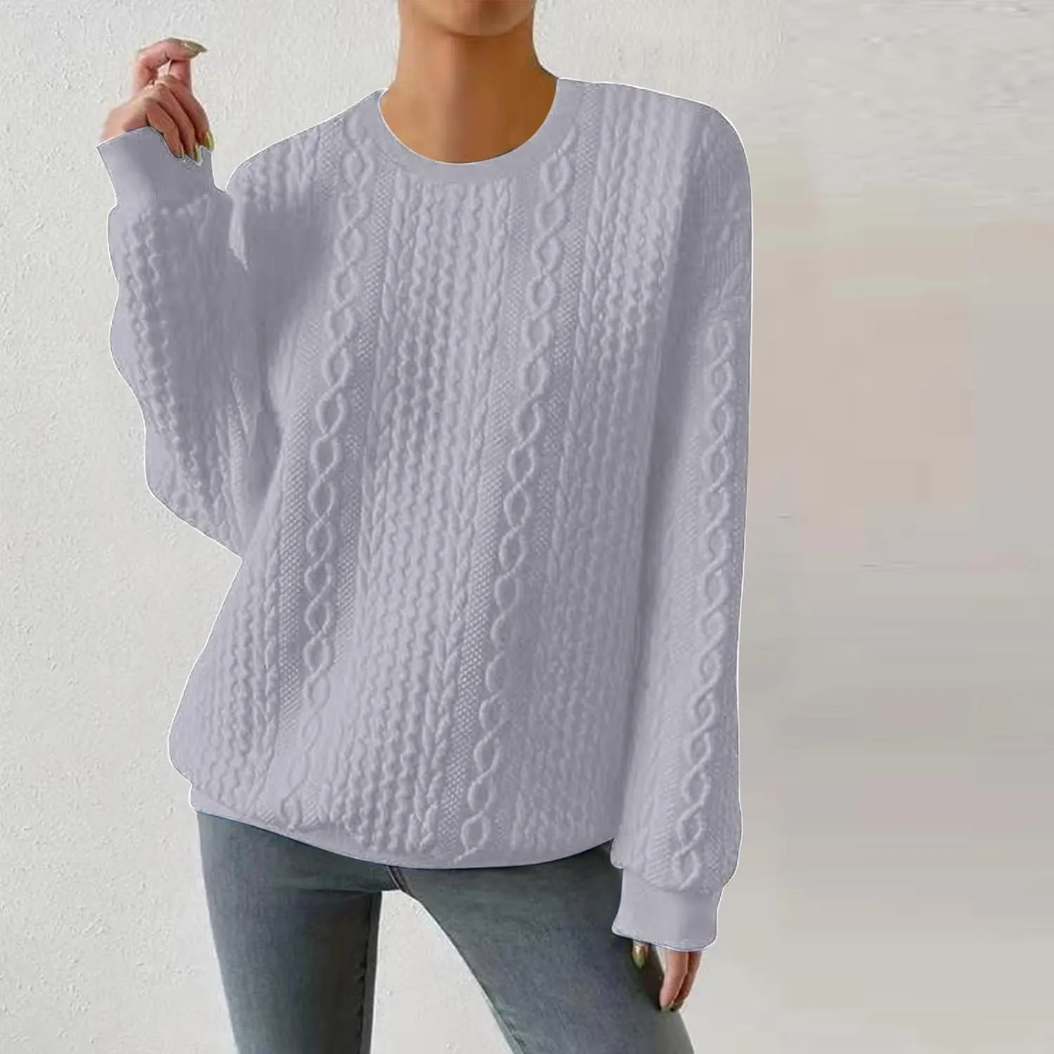 Women Crew Neck Cable Knitted Sweaters Stretchable Elasticity Comfy Cozy Loose Long Sleeve Sweater Jumper Pullover
