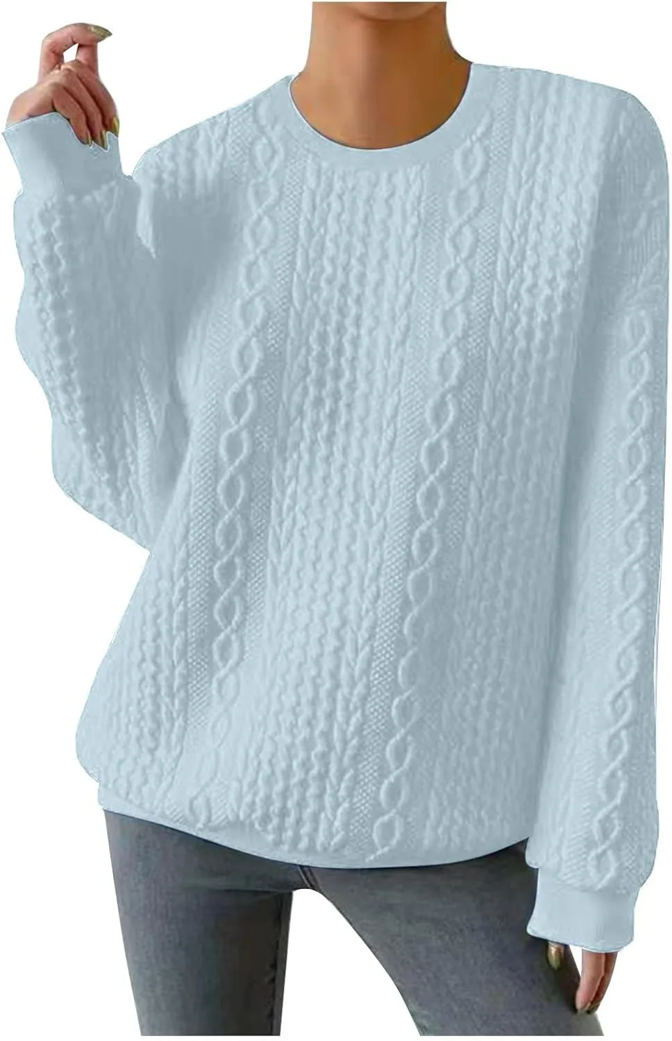 Women Crew Neck Cable Knitted Sweaters Stretchable Elasticity Comfy Cozy Loose Long Sleeve Sweater Jumper Pullover