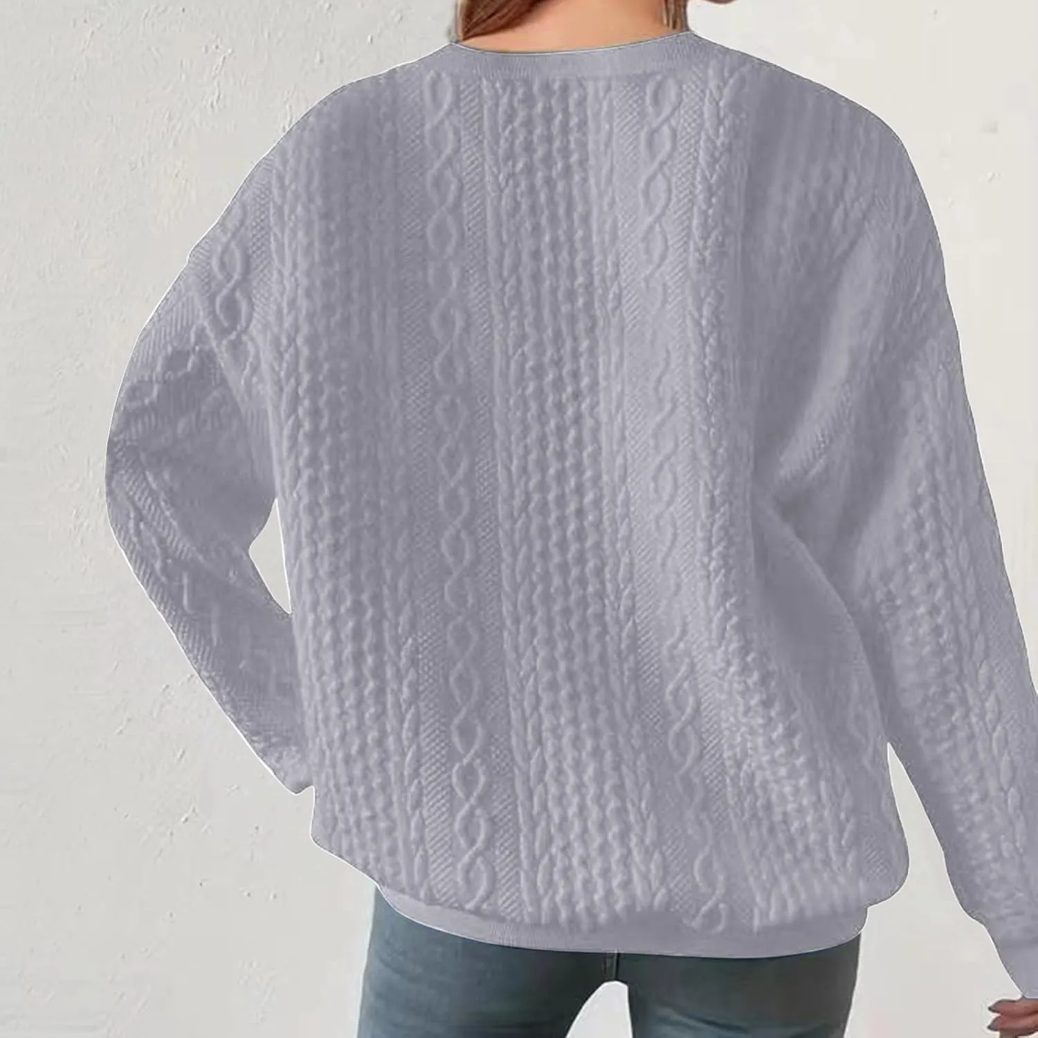 Women Crew Neck Cable Knitted Sweaters Stretchable Elasticity Comfy Cozy Loose Long Sleeve Sweater Jumper Pullover