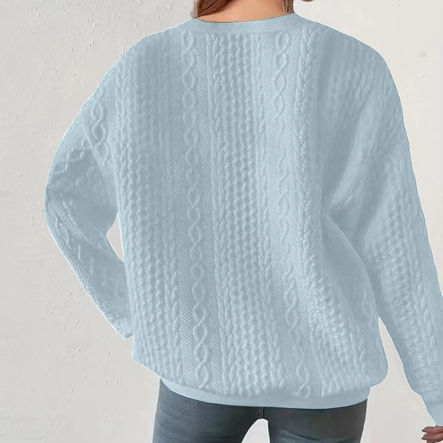 Women Crew Neck Cable Knitted Sweaters Stretchable Elasticity Comfy Cozy Loose Long Sleeve Sweater Jumper Pullover