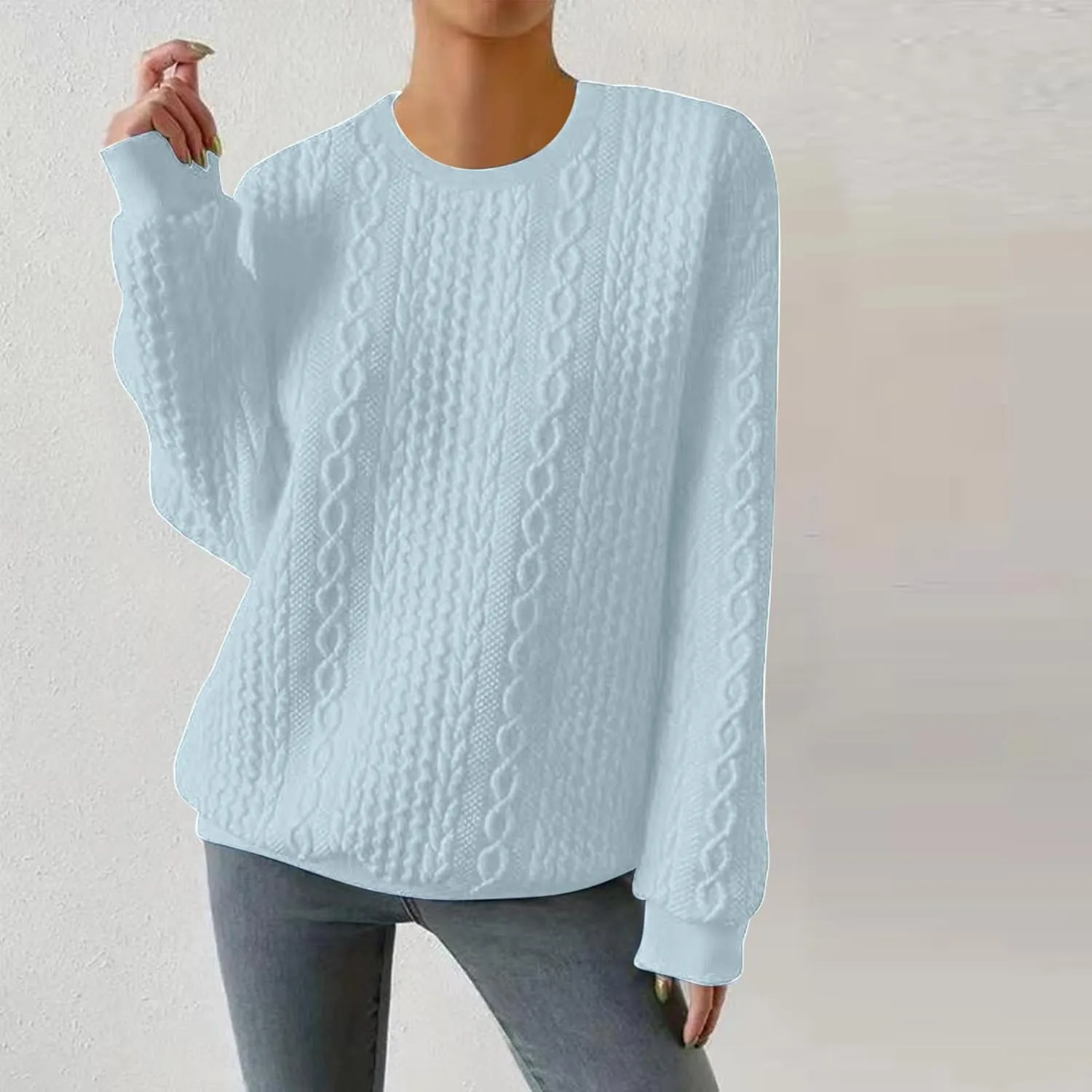 Women Crew Neck Cable Knitted Sweaters Stretchable Elasticity Comfy Cozy Loose Long Sleeve Sweater Jumper Pullover