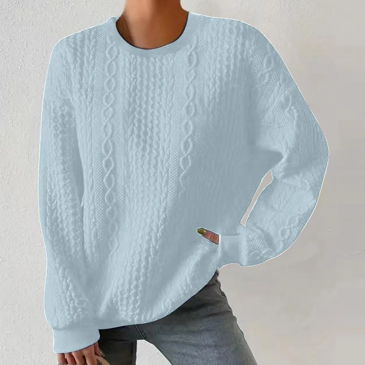 Women Crew Neck Cable Knitted Sweaters Stretchable Elasticity Comfy Cozy Loose Long Sleeve Sweater Jumper Pullover