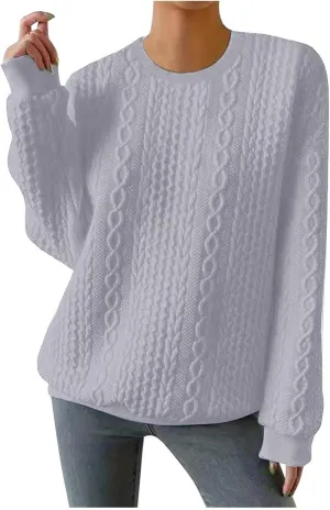 Women Crew Neck Cable Knitted Sweaters Stretchable Elasticity Comfy Cozy Loose Long Sleeve Sweater Jumper Pullover