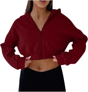 Women Cropped Hoodies Trendy Zip Up Sweatshirts Fashion Preppy Clothes Fleece Lined Crop Tops Casual Fall Sweatshirt
