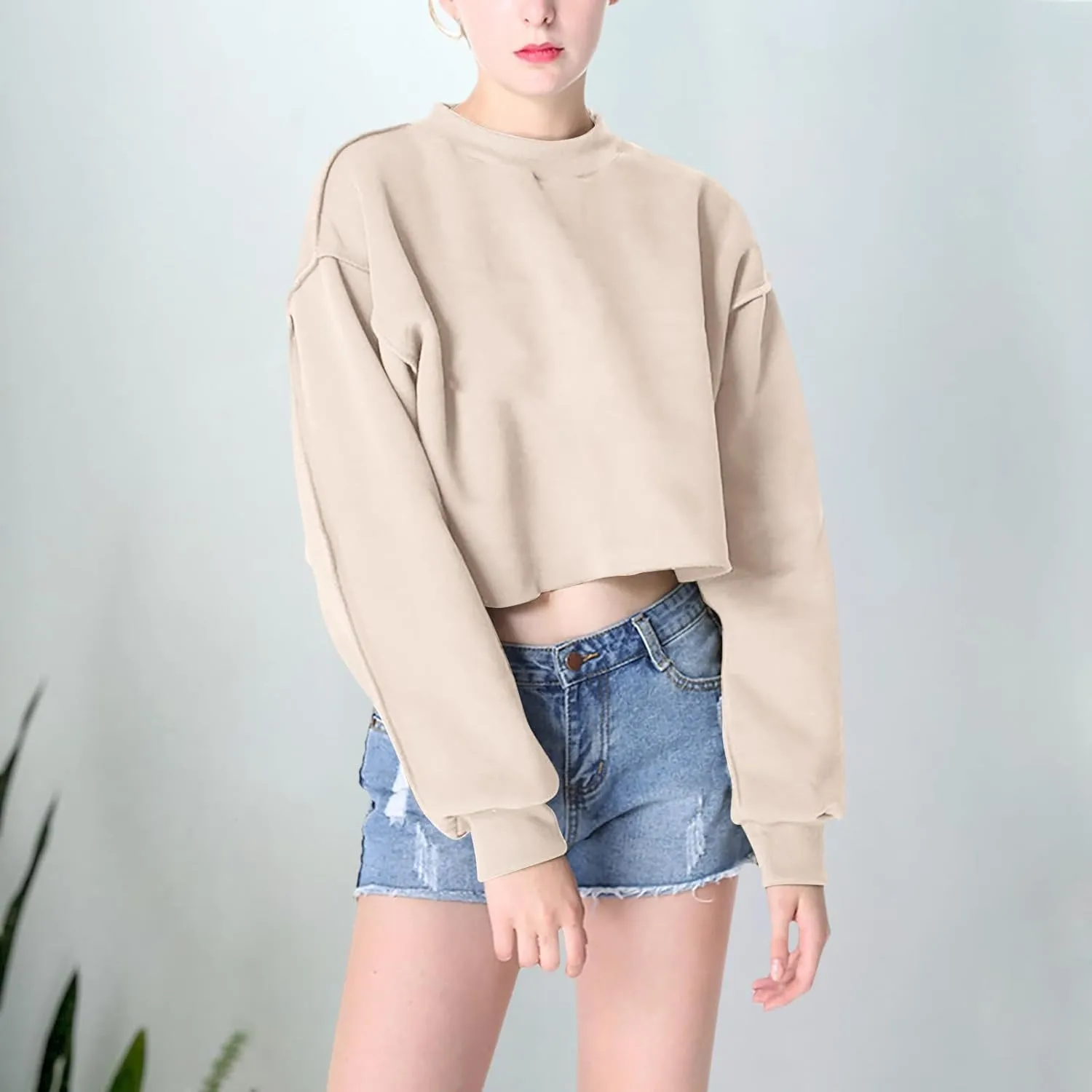 Women Cropped Sweatshirt Casual Crew Neck Long Sleeves Pullover Fleece Crop Tops Solid Cut Out Front Fashion Clothes
