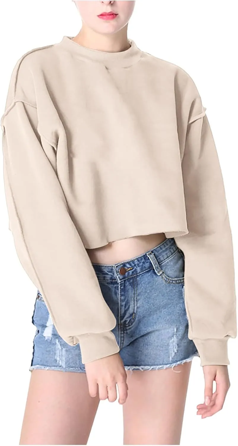 Women Cropped Sweatshirt Casual Crew Neck Long Sleeves Pullover Fleece Crop Tops Solid Cut Out Front Fashion Clothes