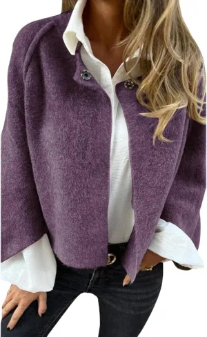 Women Cropped Wool Blend Pea Coat Casual Long Sleeve Crewneck Coat Button Down Cashmere Cardigan for Women