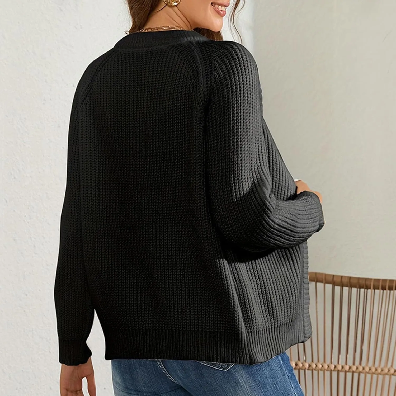 Women Fall Open Front Sweater Chunky Knit Cardigan Raglan Sleeve Plain Knitted Jacket Trendy Fitted Sweaters Coat