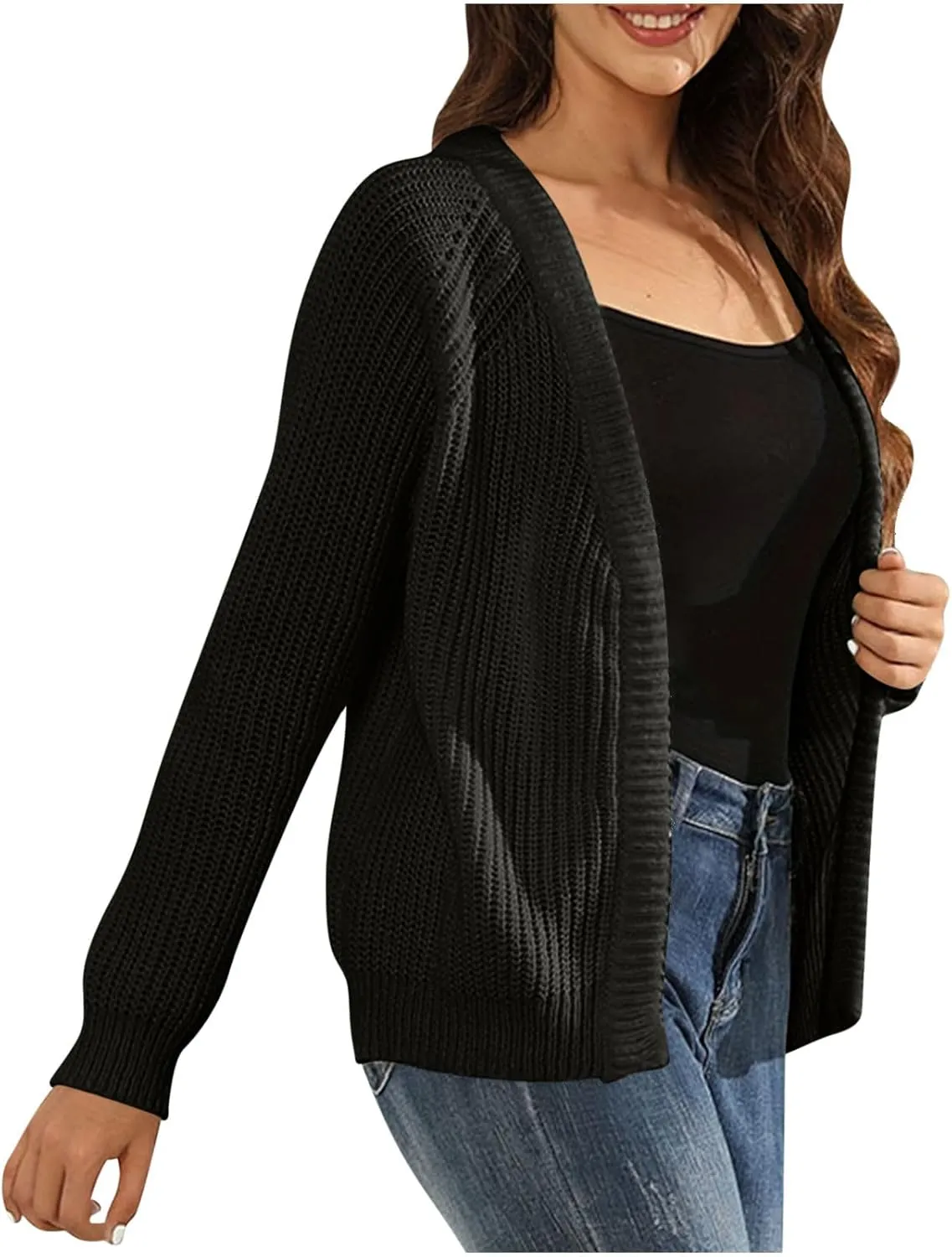 Women Fall Open Front Sweater Chunky Knit Cardigan Raglan Sleeve Plain Knitted Jacket Trendy Fitted Sweaters Coat