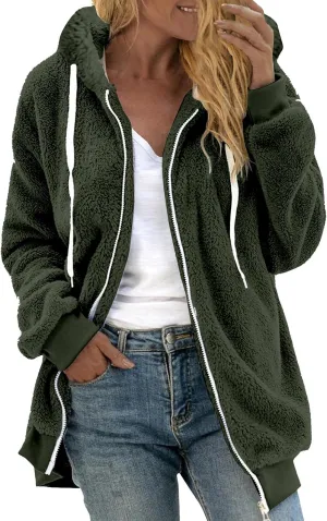 Women Fuzzy Jackets Full Zip Hooded Sweatshirt Coat Winter Warm Fleece Plush Zipper Hoodies Cozy Cardigan Outwear