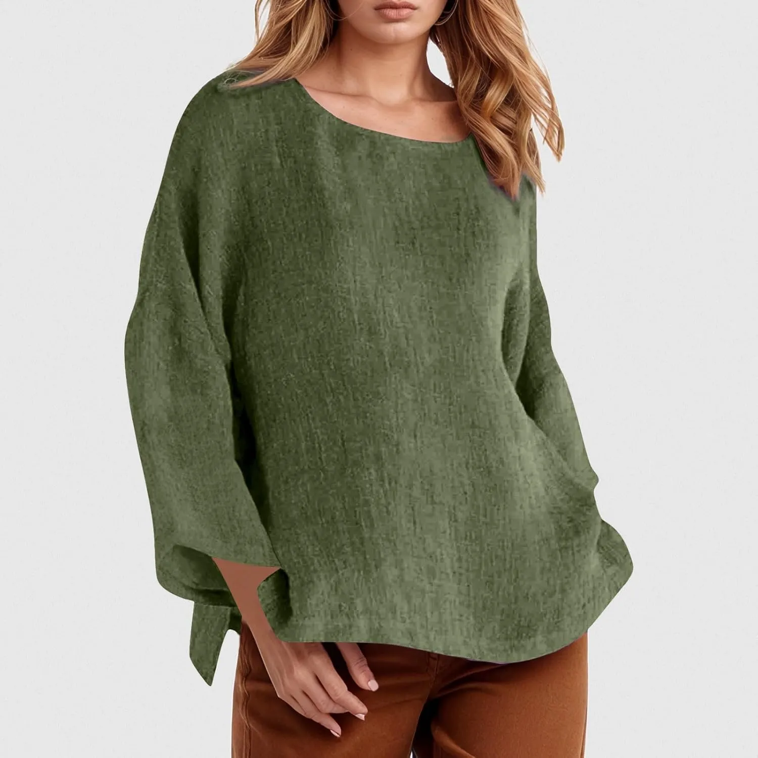 Women Linen Shirts V Neck Button Down Blouses Floral Print Dressy Tee Shirt Long Sleeve Loose Tunic Tops