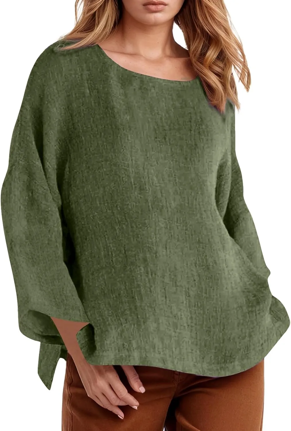 Women Linen Shirts V Neck Button Down Blouses Floral Print Dressy Tee Shirt Long Sleeve Loose Tunic Tops