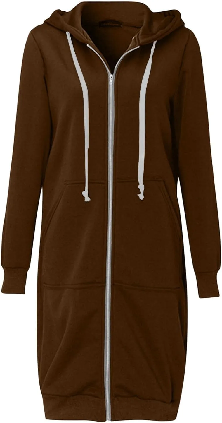 Women Long Hoodies Zip Up Longline Sweatshirt Jackets Zipper Drawstring Fleece Hoodie Top Casual Warm Coat Outwear