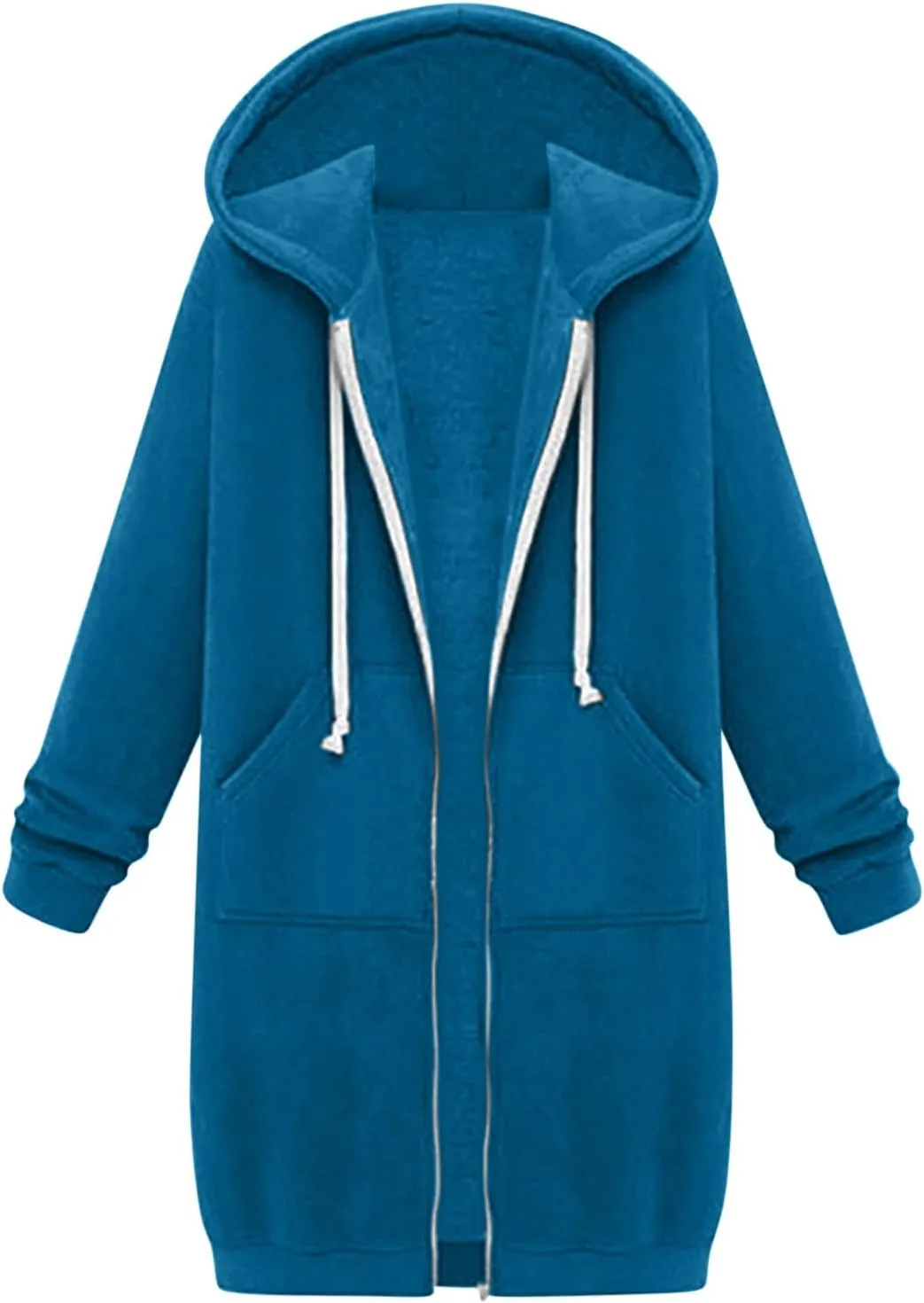 Women Long Hoodies Zip Up Longline Sweatshirt Jackets Zipper Drawstring Fleece Hoodie Top Casual Warm Coat Outwear