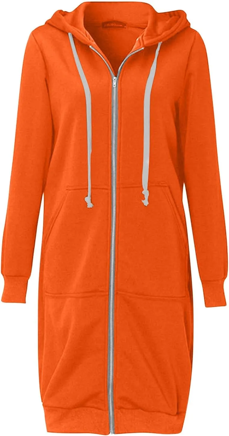 Women Long Hoodies Zip Up Longline Sweatshirt Jackets Zipper Drawstring Fleece Hoodie Top Casual Warm Coat Outwear