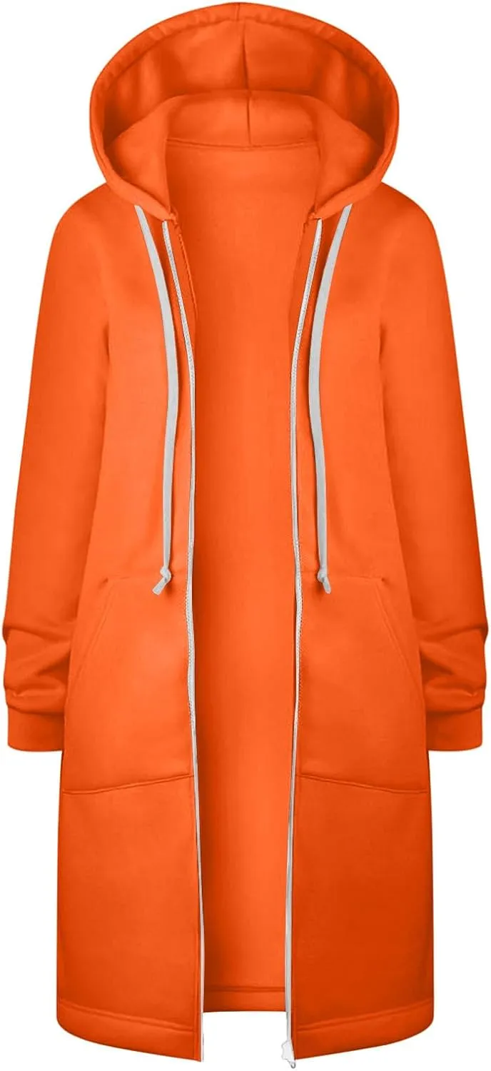 Women Long Hoodies Zip Up Longline Sweatshirt Jackets Zipper Drawstring Fleece Hoodie Top Casual Warm Coat Outwear