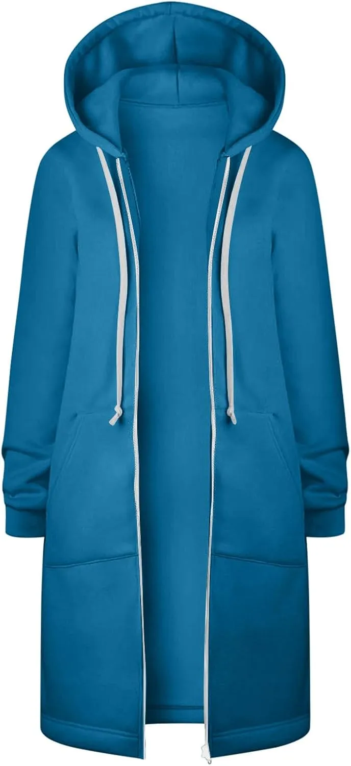 Women Long Hoodies Zip Up Longline Sweatshirt Jackets Zipper Drawstring Fleece Hoodie Top Casual Warm Coat Outwear