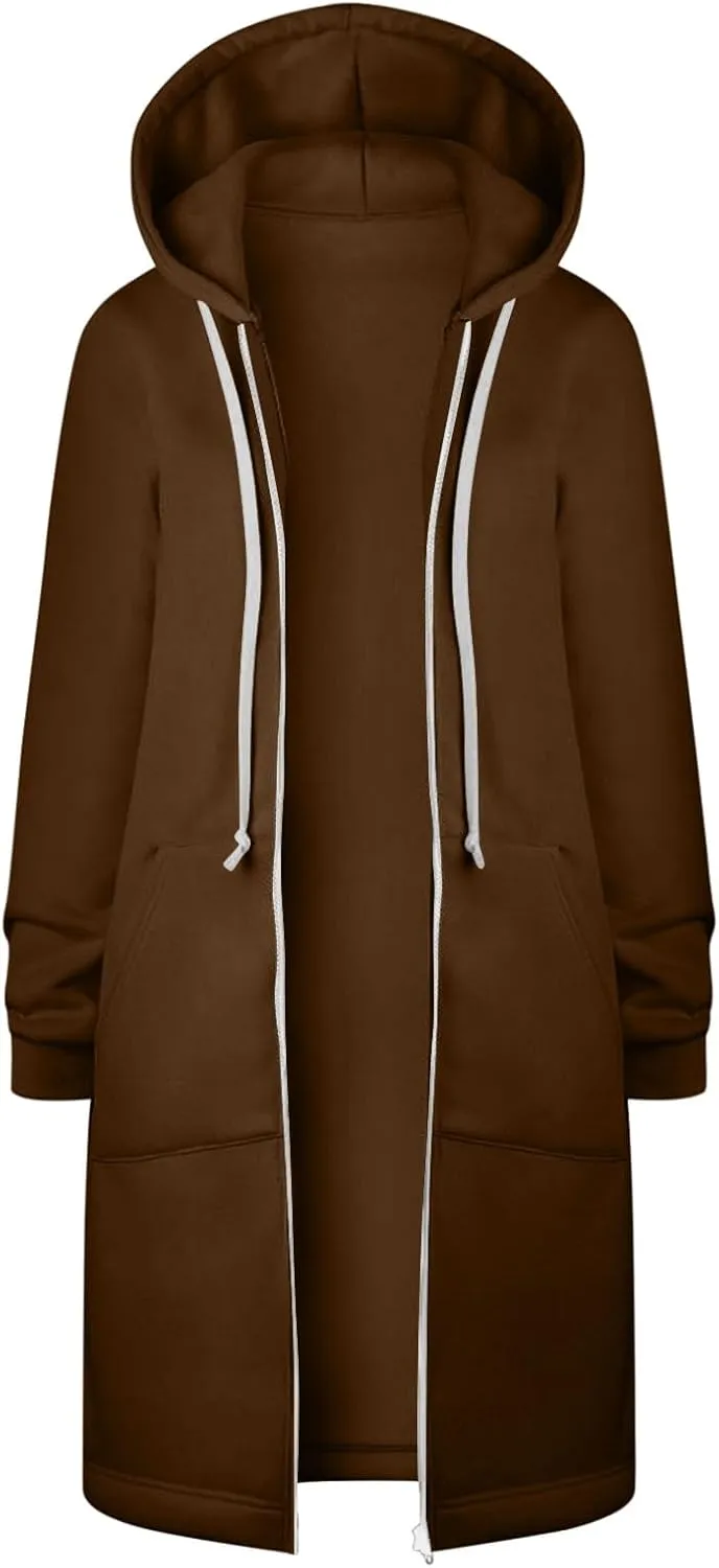 Women Long Hoodies Zip Up Longline Sweatshirt Jackets Zipper Drawstring Fleece Hoodie Top Casual Warm Coat Outwear
