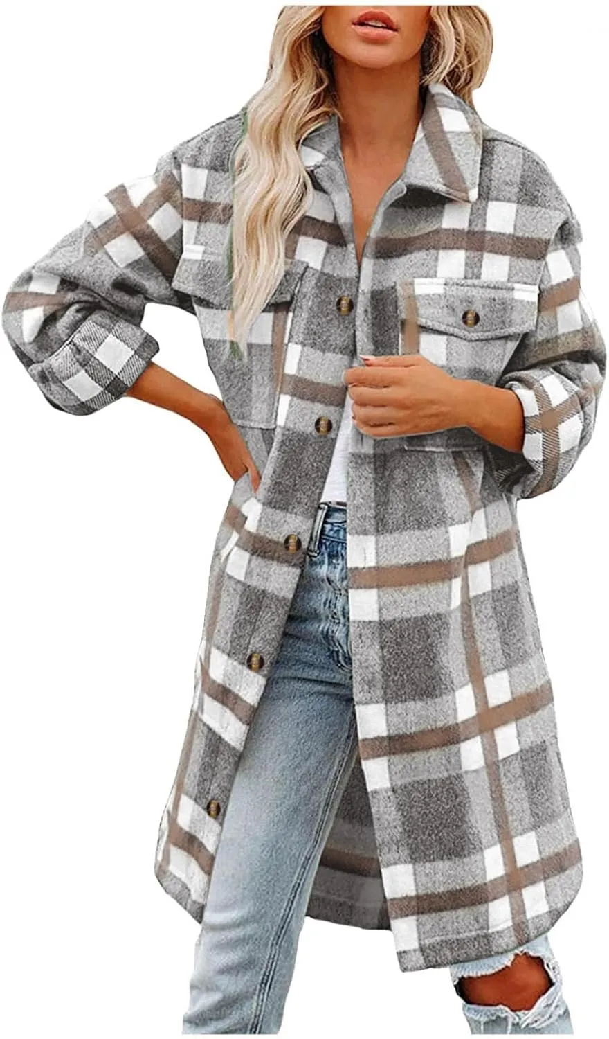 Women Long Sleeve Plaid Print Button Open Front Long Coat Cardigan Outerwear Leopard Kimono