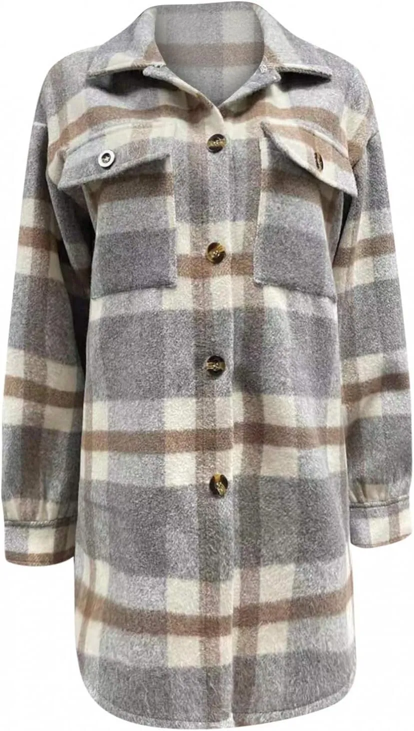 Women Long Sleeve Plaid Print Button Open Front Long Coat Cardigan Outerwear Leopard Kimono