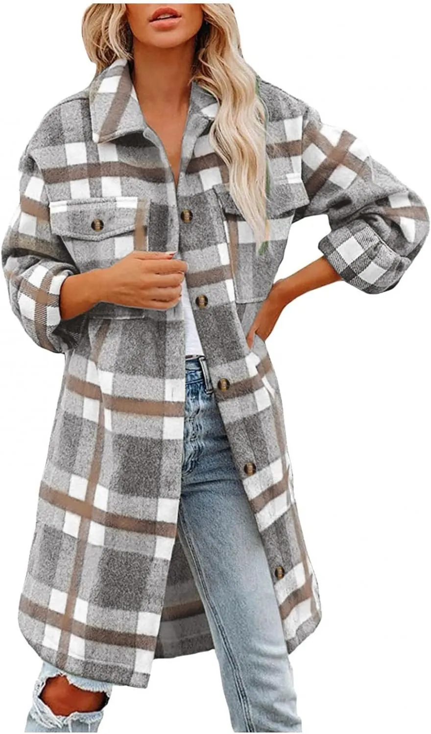 Women Long Sleeve Plaid Print Button Open Front Long Coat Cardigan Outerwear Leopard Kimono