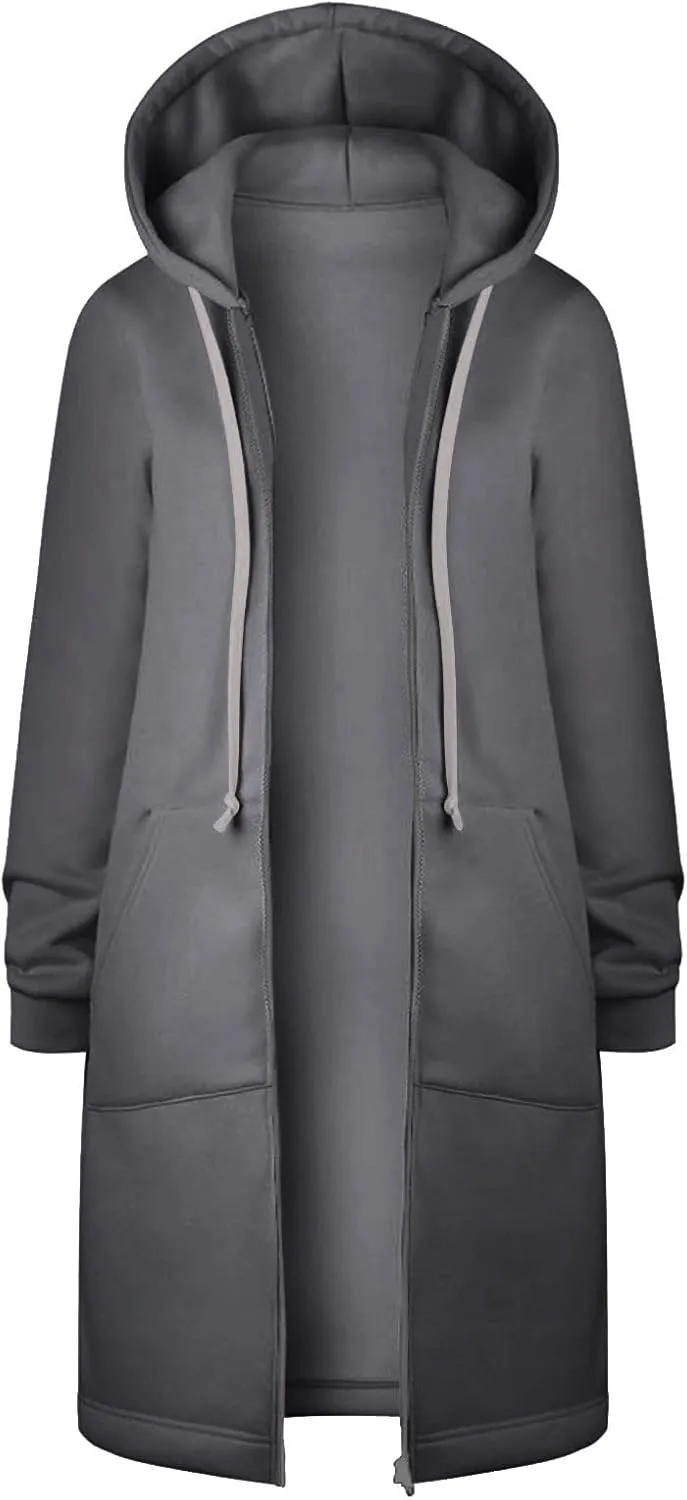 Women Long Sweatshirt Solid Color Full Zip Fleece Plush Hoodies Pullover Loose Fit Casual Clothes Fall Winter Shirts