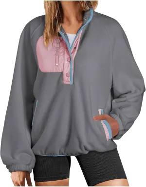 Women Sherpa Fleece Colorblock Jacket Casual Button Down Fuzzy Sweatshirt Warm Teddy Oversized Pullover with Pocket