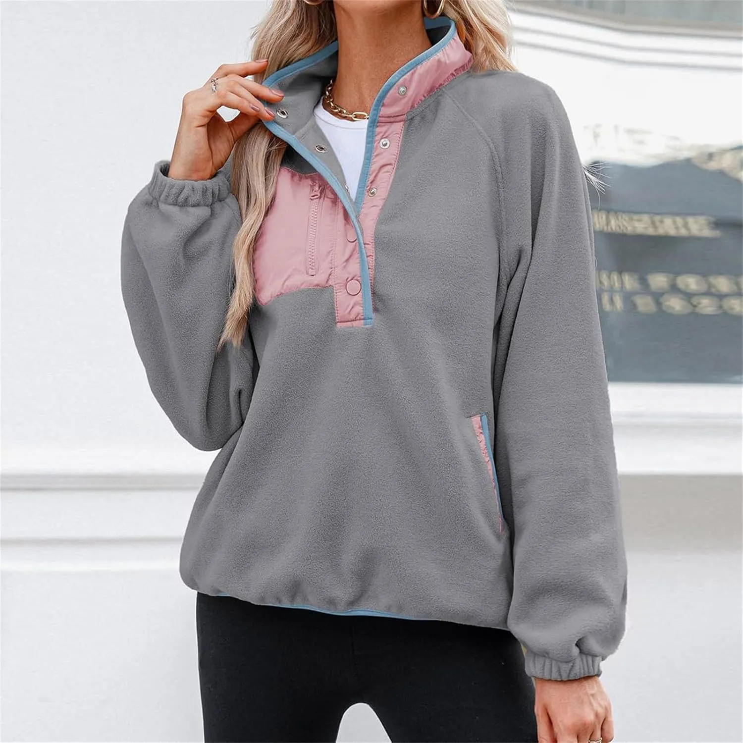 Women Sherpa Fleece Colorblock Jacket Casual Button Down Fuzzy Sweatshirt Warm Teddy Oversized Pullover with Pocket