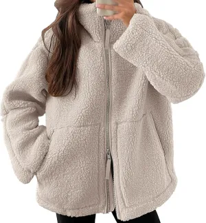 Women Sherpa Fleece Jacket 2024 Fall Winter Trendy Stand Collar Warm Fuzzy Coat Long Sleeve Zip Up Parka with Pockets