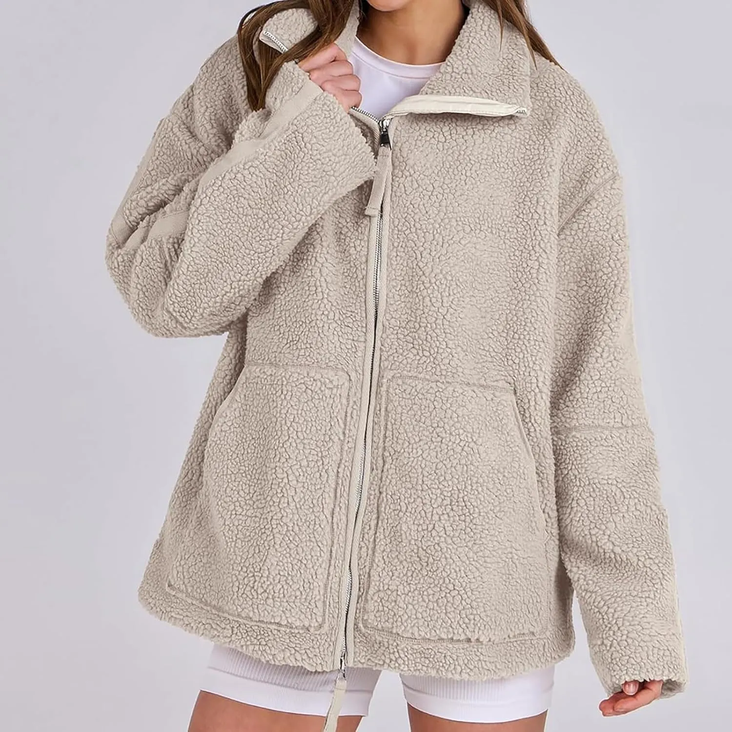 Women Sherpa Fleece Jacket 2024 Fall Winter Trendy Stand Collar Warm Fuzzy Coat Long Sleeve Zip Up Parka with Pockets