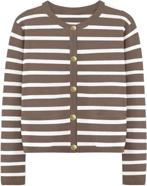 Women Striped Cardigan Sweaters Casual Long Sleeve Button Down Cropped Jackets Coat Fall Knit Sweater