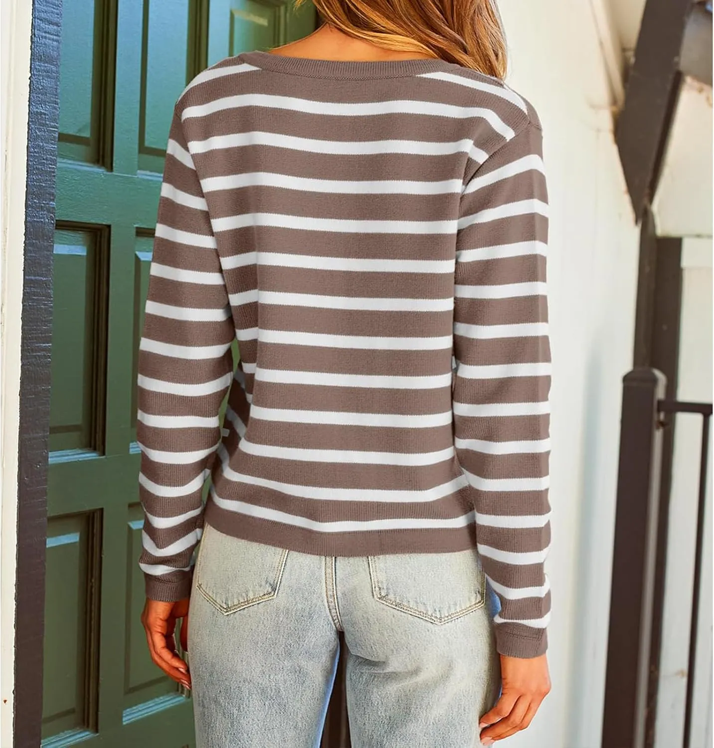 Women Striped Cardigan Sweaters Casual Long Sleeve Button Down Cropped Jackets Coat Fall Knit Sweater