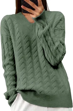 Women Sweaters,Fall Winter Cable Knit Sweater Casual Oversized Sweater Pullover Long Sleeve Crew Neck Solid Color Top