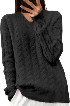 Women Sweaters,Fall Winter Cable Knit Sweater Casual Oversized Sweater Pullover Long Sleeve Crew Neck Solid Color Top