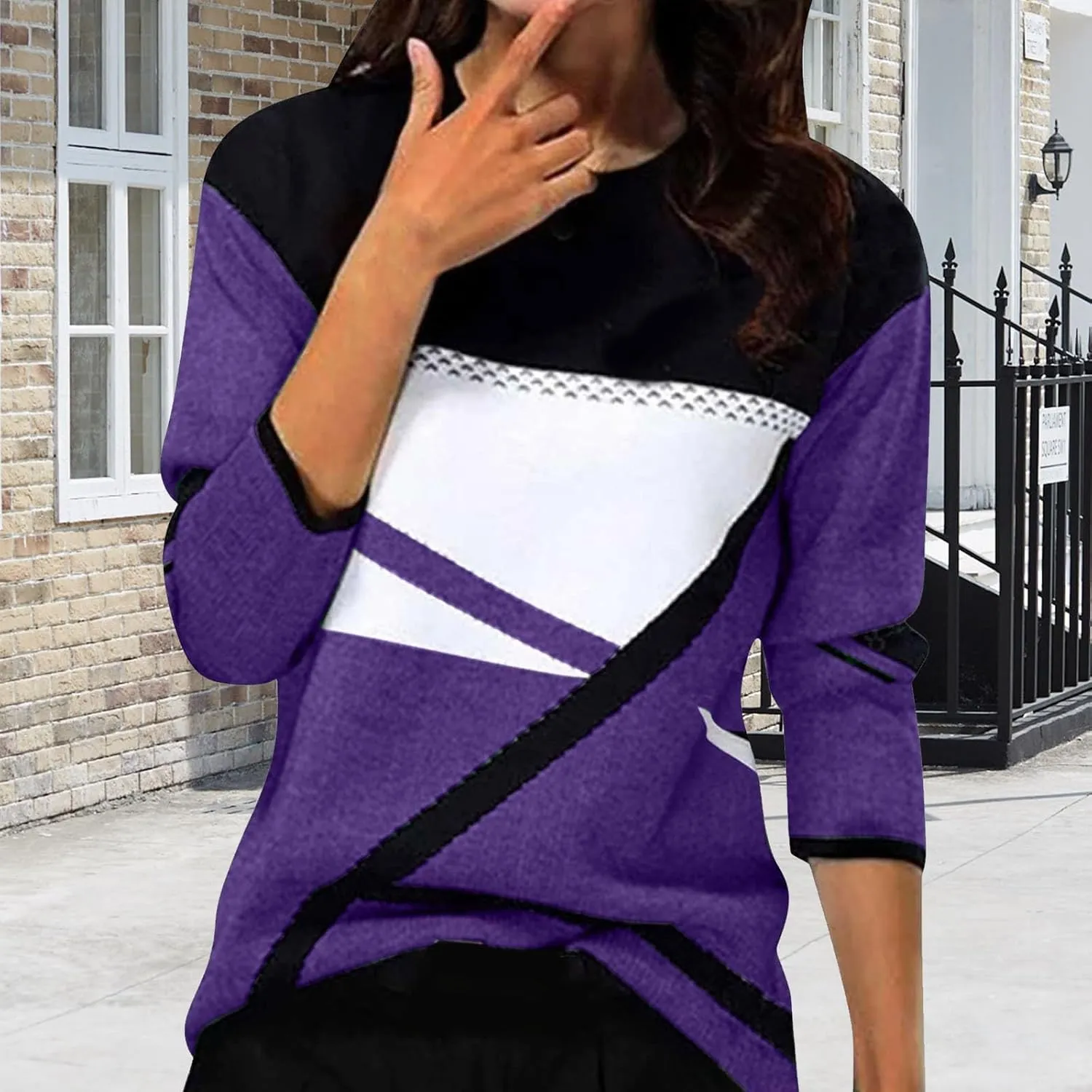 Women Trendy Colors Block Sweatshirt Long Sleeve Crewneck Shirts for Spring Fall Winter Tops 2025 Fit Casual Blouses