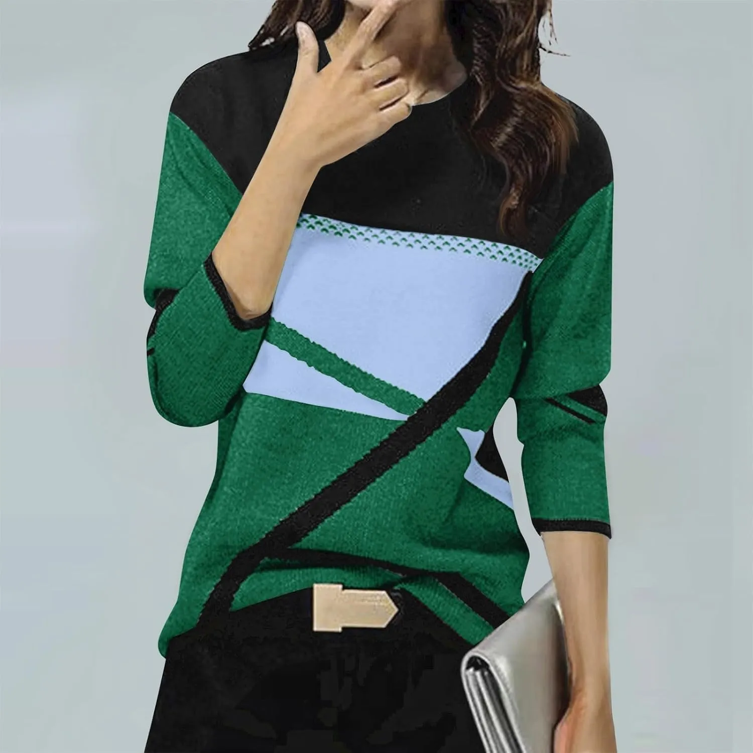 Women Trendy Colors Block Sweatshirt Long Sleeve Crewneck Shirts for Spring Fall Winter Tops 2025 Fit Casual Blouses