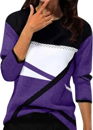 Women Trendy Colors Block Sweatshirt Long Sleeve Crewneck Shirts for Spring Fall Winter Tops 2025 Fit Casual Blouses
