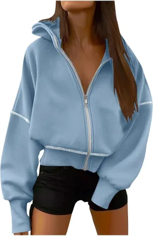 Women Y2K Cropped Hoodie Jackets Zip Up Drop Shoulder Long Sleeve Outwear Winter Casual Loose Fit Fleece Sweatshirt