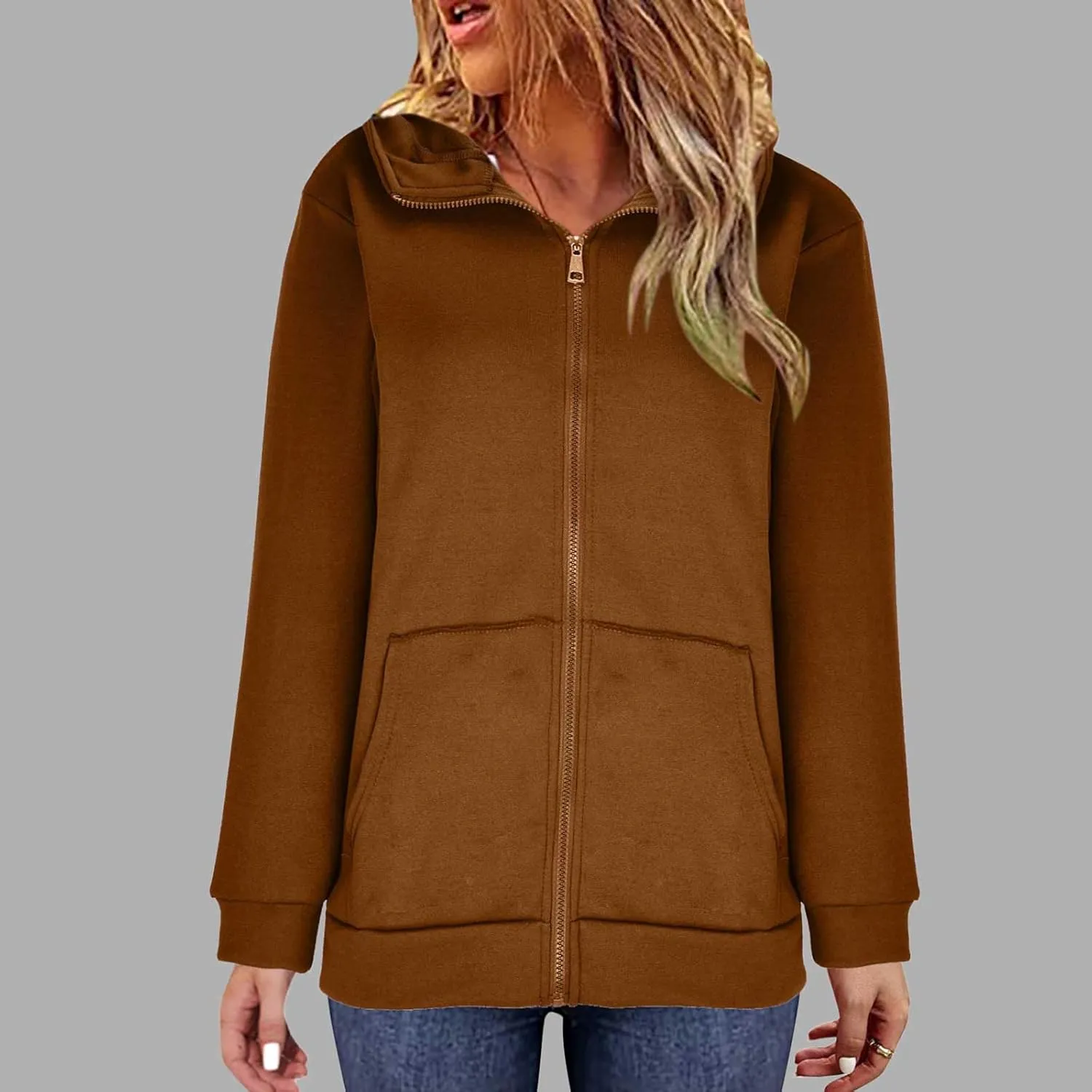 Women Zip Up Sweatshirt Fall Fleece Cozy Long Sleeve Plus Size Jacket Solid Color Y2k Trendy Hoodies with Pockets