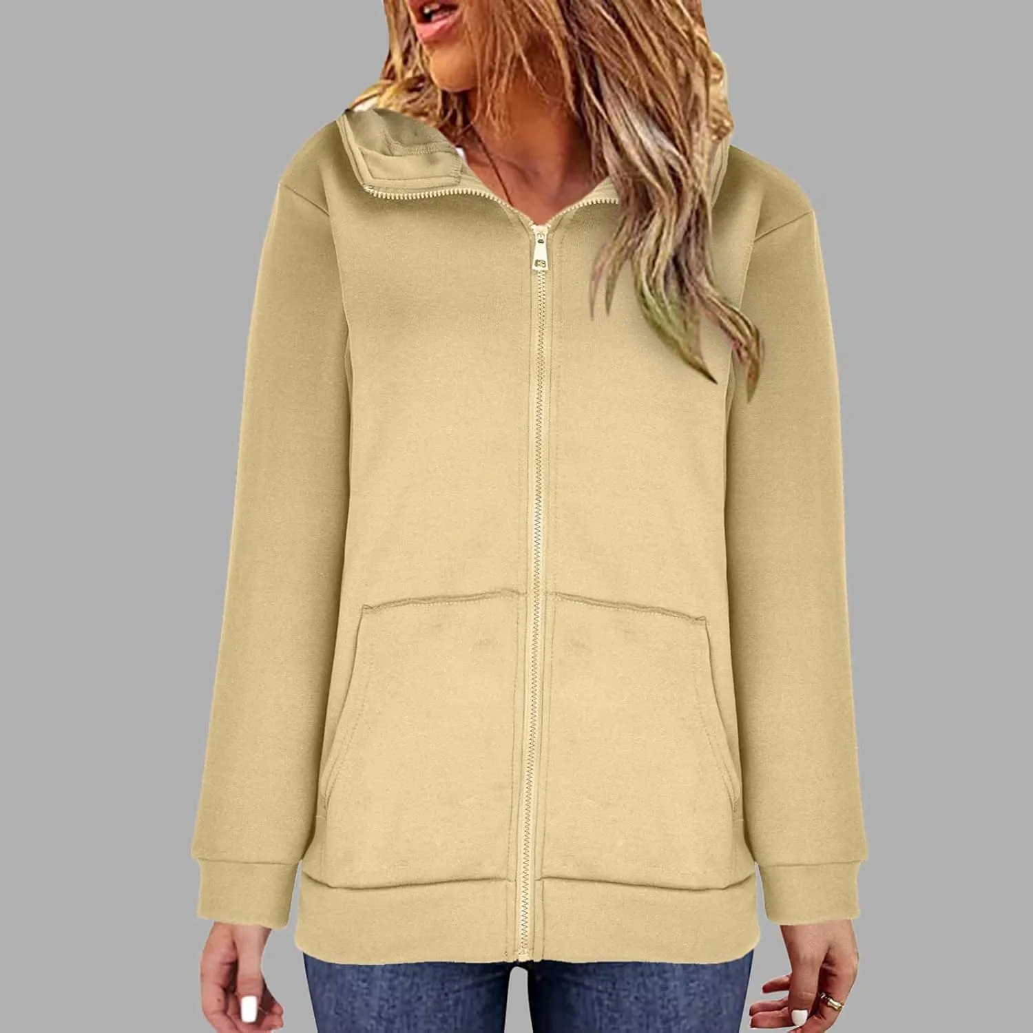 Women Zip Up Sweatshirt Fall Fleece Cozy Long Sleeve Plus Size Jacket Solid Color Y2k Trendy Hoodies with Pockets