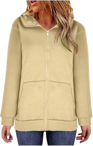 Women Zip Up Sweatshirt Fall Fleece Cozy Long Sleeve Plus Size Jacket Solid Color Y2k Trendy Hoodies with Pockets