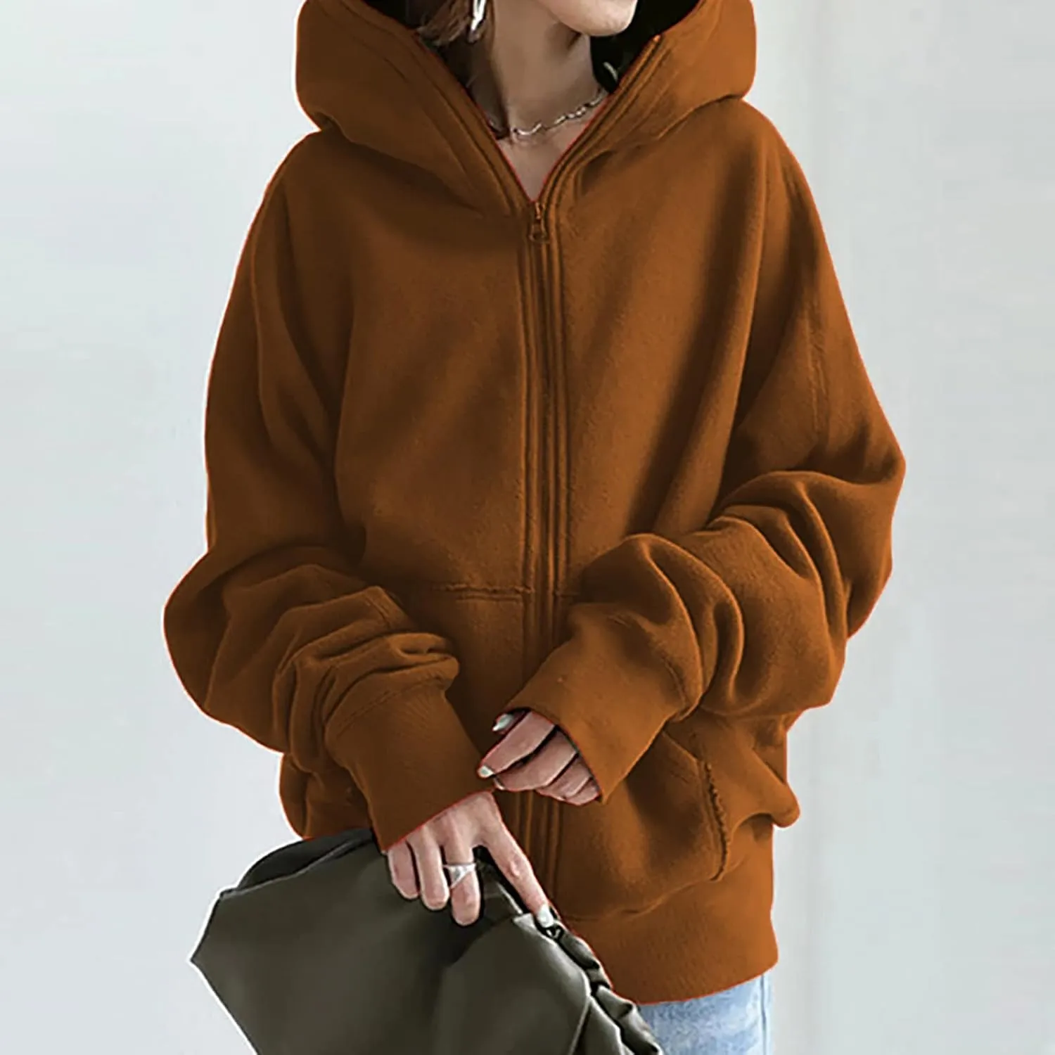 Women Zip Up Sweatshirt Fall Fleece Cozy Long Sleeve Plus Size Jacket Solid Color Y2k Trendy Hoodies with Pockets