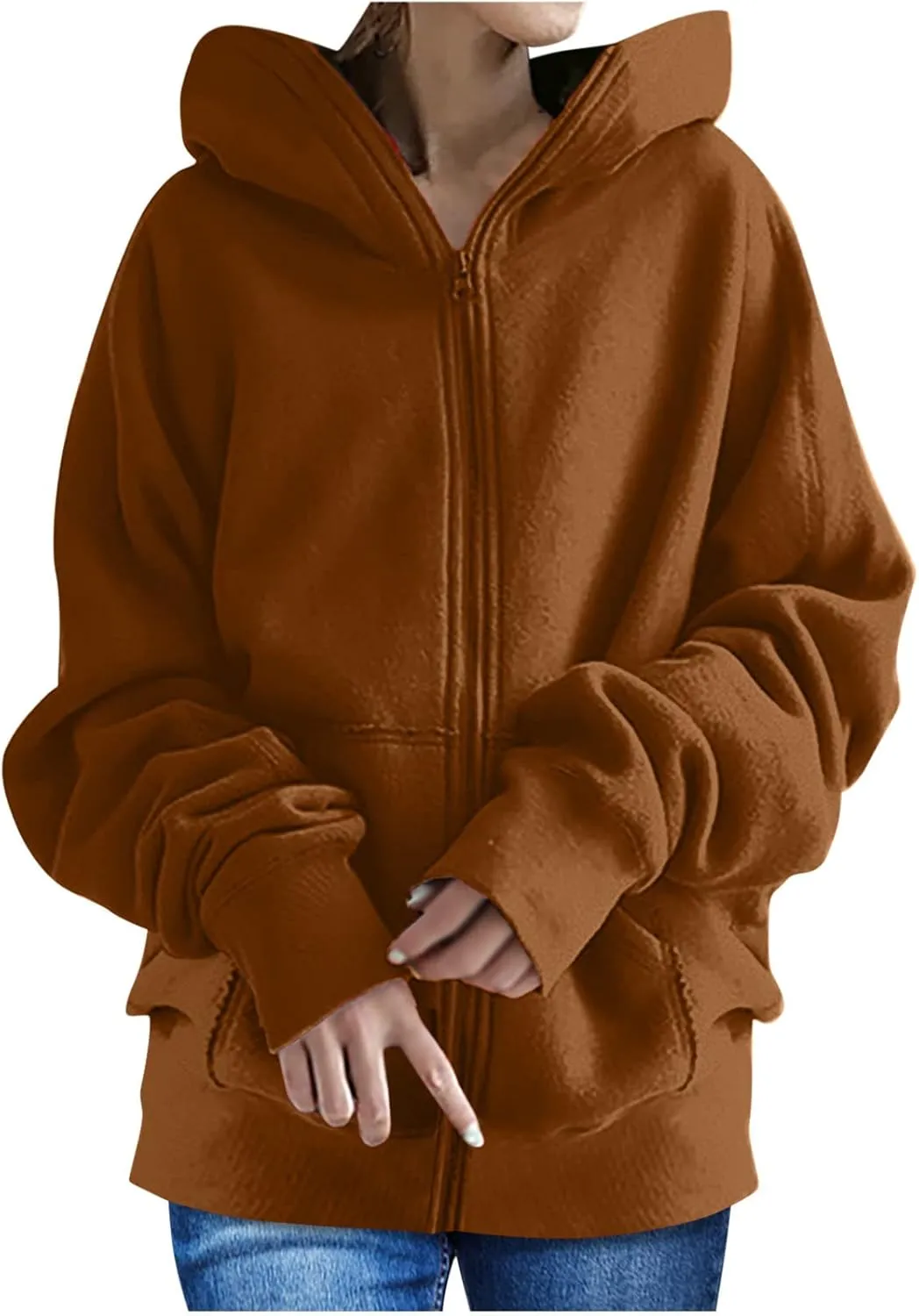 Women Zip Up Sweatshirt Fall Fleece Cozy Long Sleeve Plus Size Jacket Solid Color Y2k Trendy Hoodies with Pockets