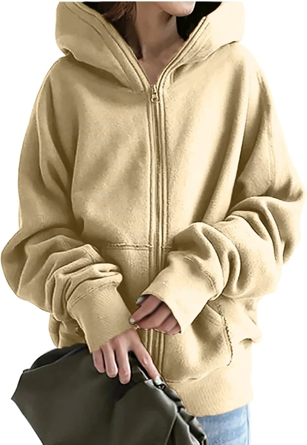 Women Zip Up Sweatshirt Fall Fleece Cozy Long Sleeve Plus Size Jacket Solid Color Y2k Trendy Hoodies with Pockets