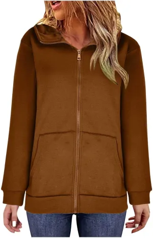 Women Zip Up Sweatshirt Fall Fleece Cozy Long Sleeve Plus Size Jacket Solid Color Y2k Trendy Hoodies with Pockets