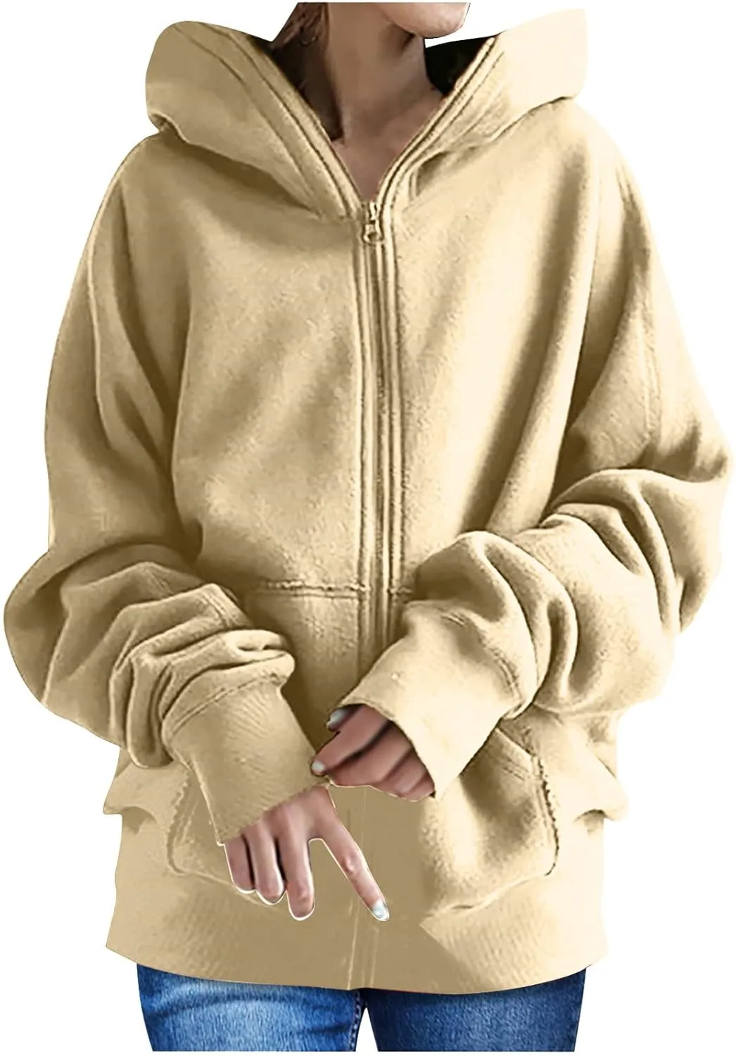 Women Zip Up Sweatshirt Fall Fleece Cozy Long Sleeve Plus Size Jacket Solid Color Y2k Trendy Hoodies with Pockets