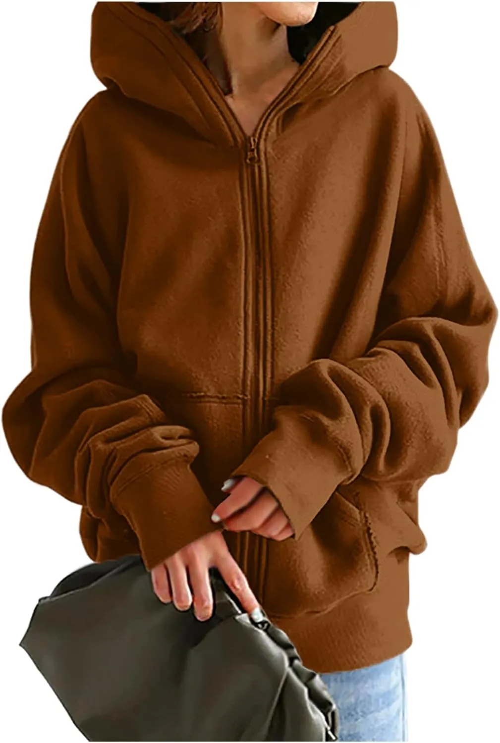 Women Zip Up Sweatshirt Fall Fleece Cozy Long Sleeve Plus Size Jacket Solid Color Y2k Trendy Hoodies with Pockets